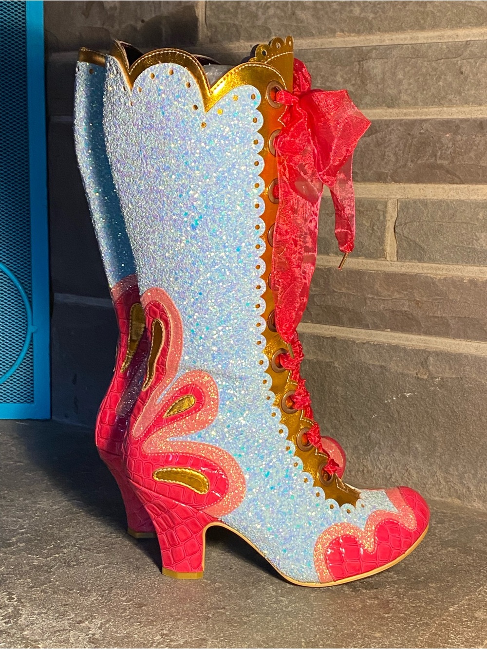 Irregular Choice sparkly Can-Can boots,hot pink patent,sky blue glitter,ribbon - Picture 8 of 16